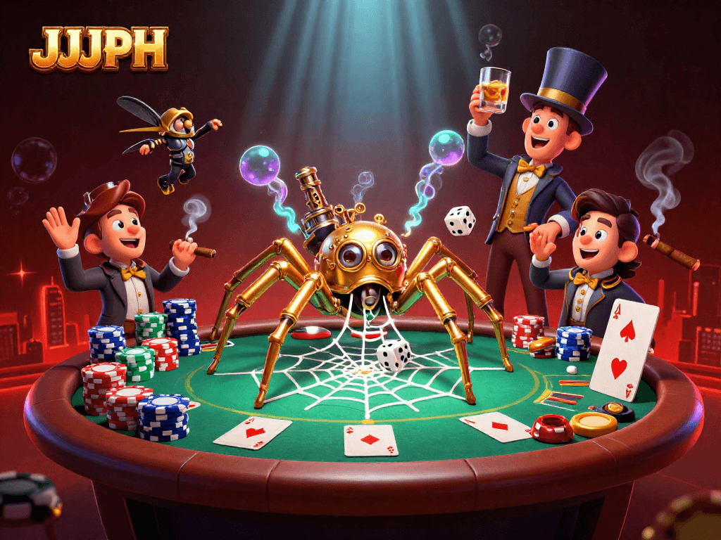 Engage with JJJPH's thrilling casino atmosphere featuring poker elements and cartoon characters.