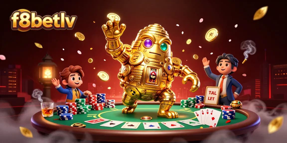 Experience thrilling action at f8betlv with an ancient golden golem and poker elements in a vibrant casino scene.