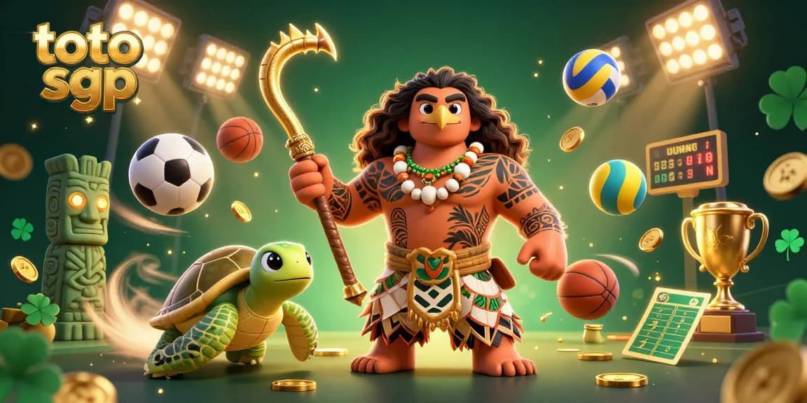 Experience thrilling toto sgp wins with vibrant 3D illustration of a demigod and turtle amidst dynamic sports elements.