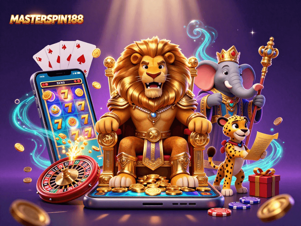 Experience the thrill of MASTERSPIN188 with a vibrant casino scene featuring a lion king and dynamic game elements.