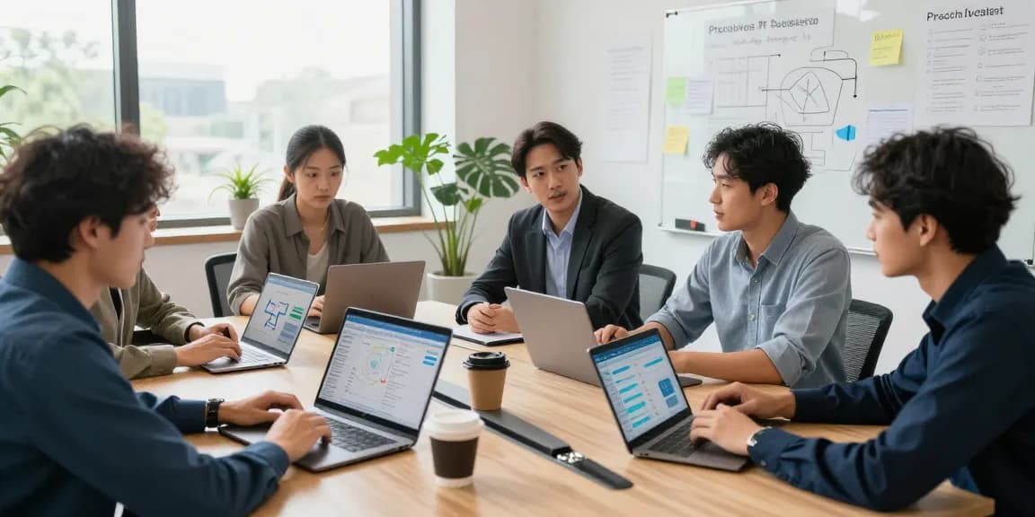 IT support small business team collaborating on strategies in modern office