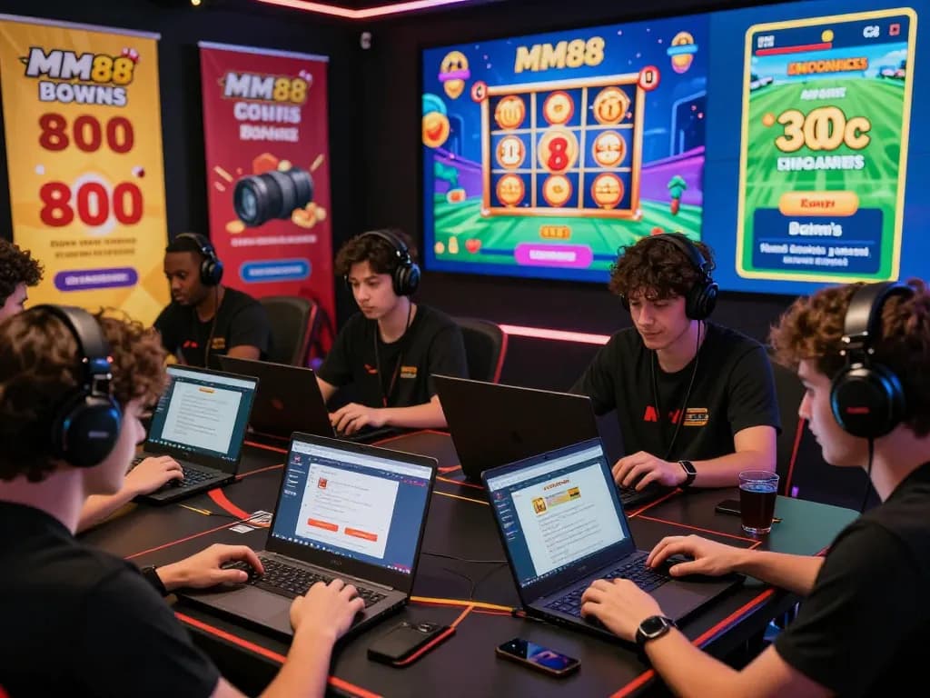 MM88 gaming experience featuring players engaged on laptops and mobile devices, vibrant atmosphere showcasing online betting.