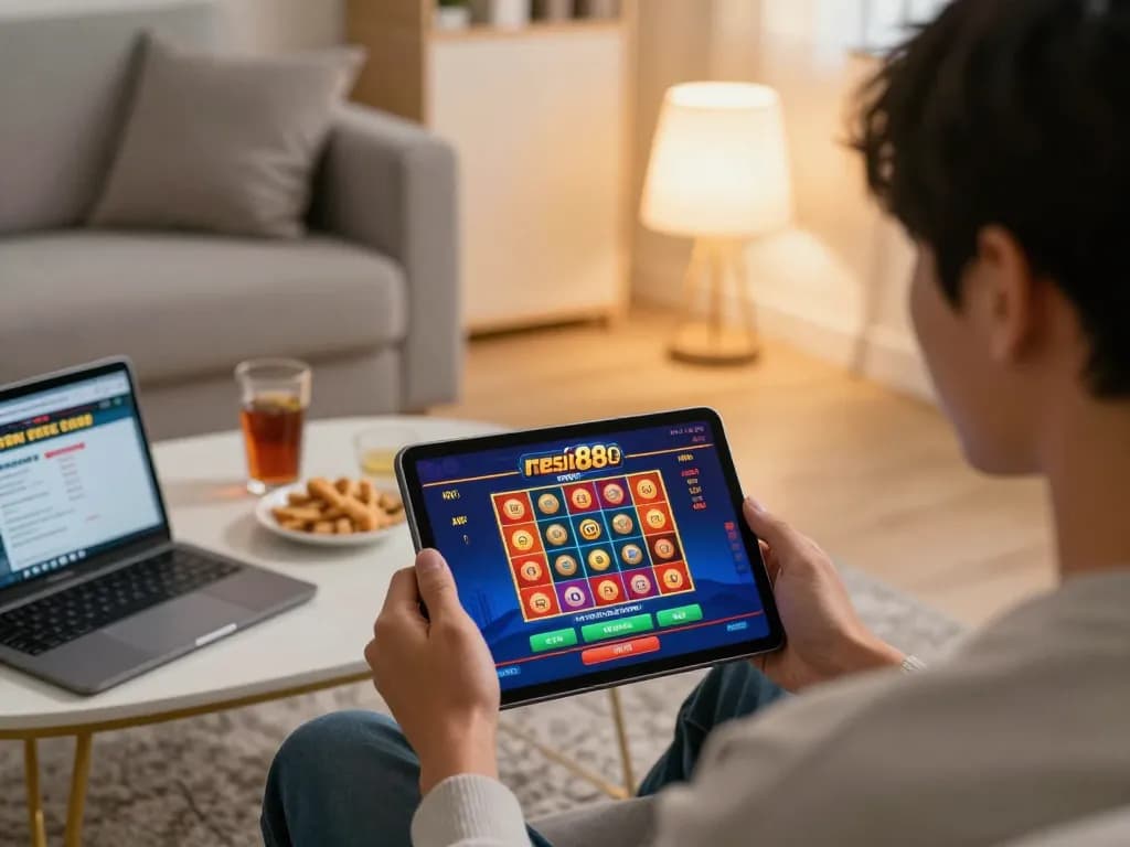 Engaging with slot88 resmi apk on a tablet in a cozy living room for online gaming.