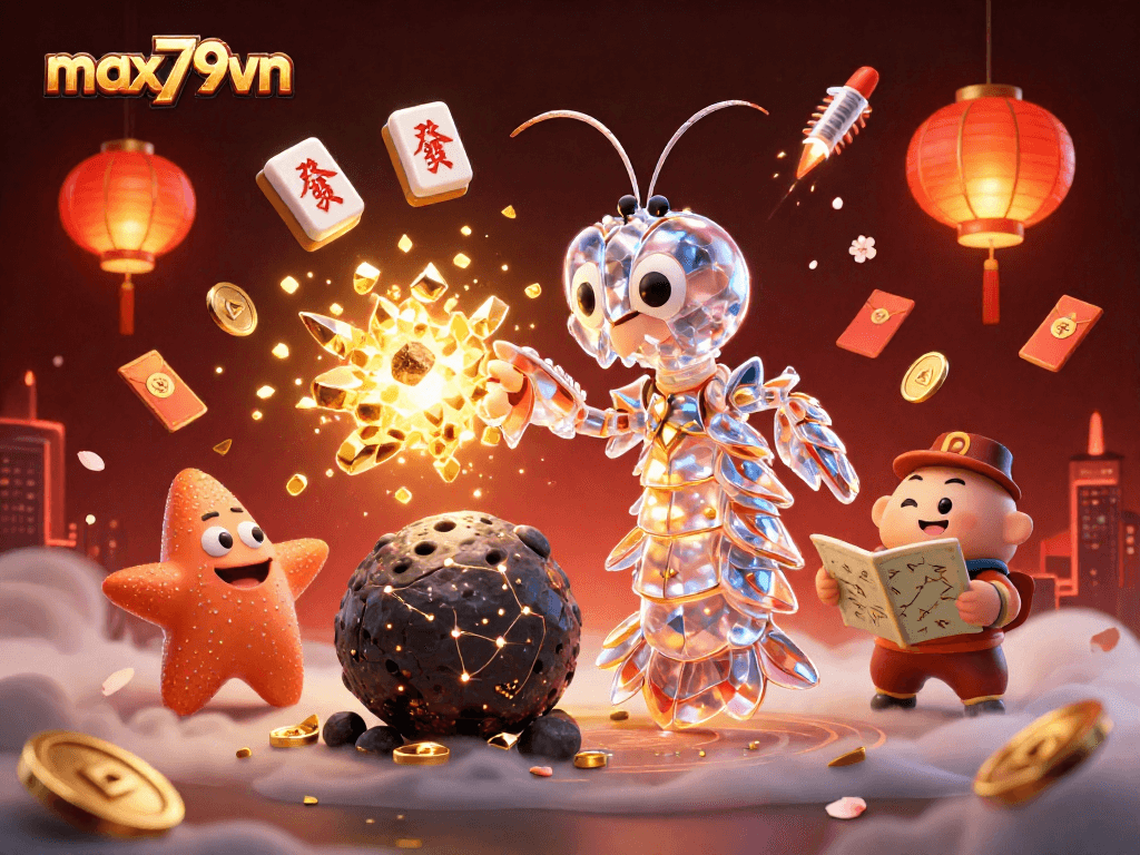 Experience gaming excitement at max79vn, amidst treasures and vibrant casino elements in a captivating 3D scene.