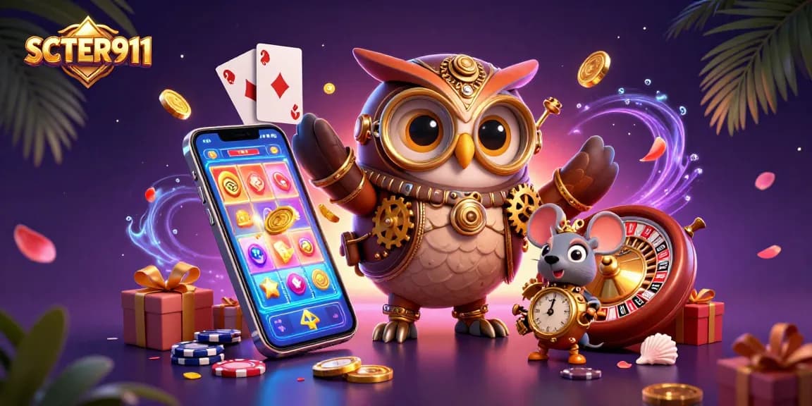 Play slots with SCATTER911 featuring cartoon owl and vibrant casino elements.