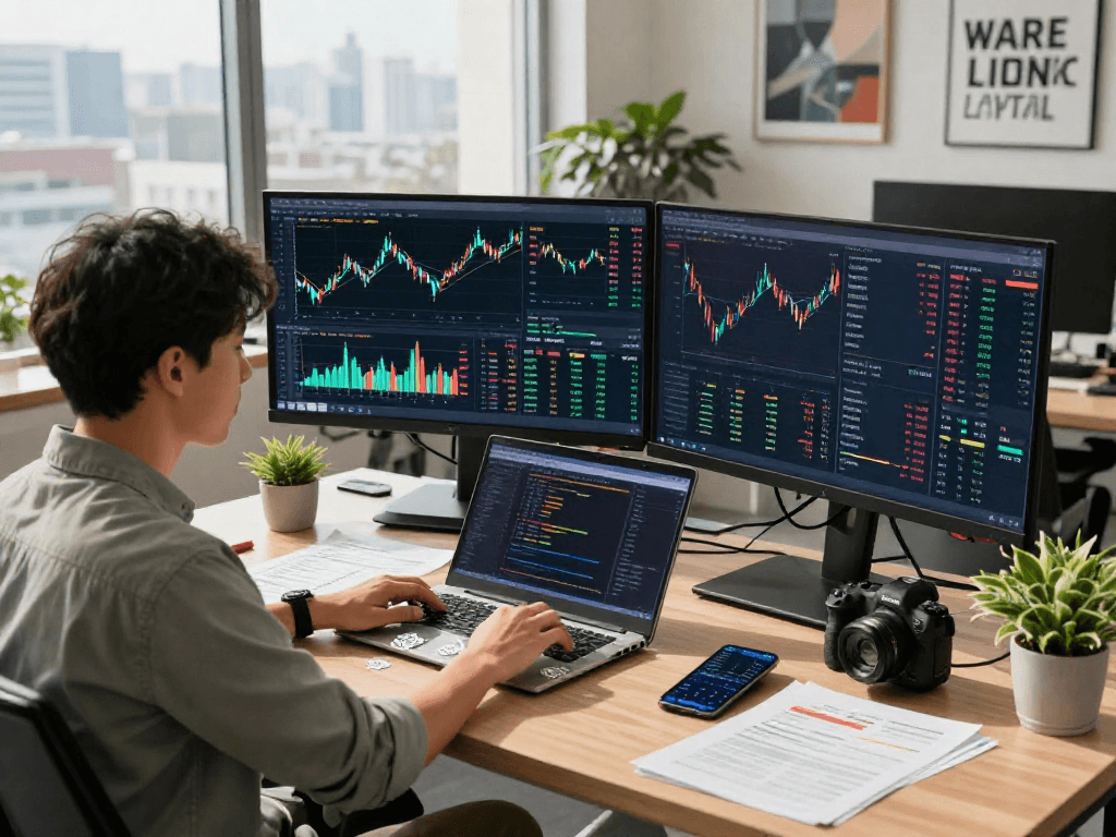 Dynamic workspace depicting developer analyzing Germany stock backtesting API and global market data.
