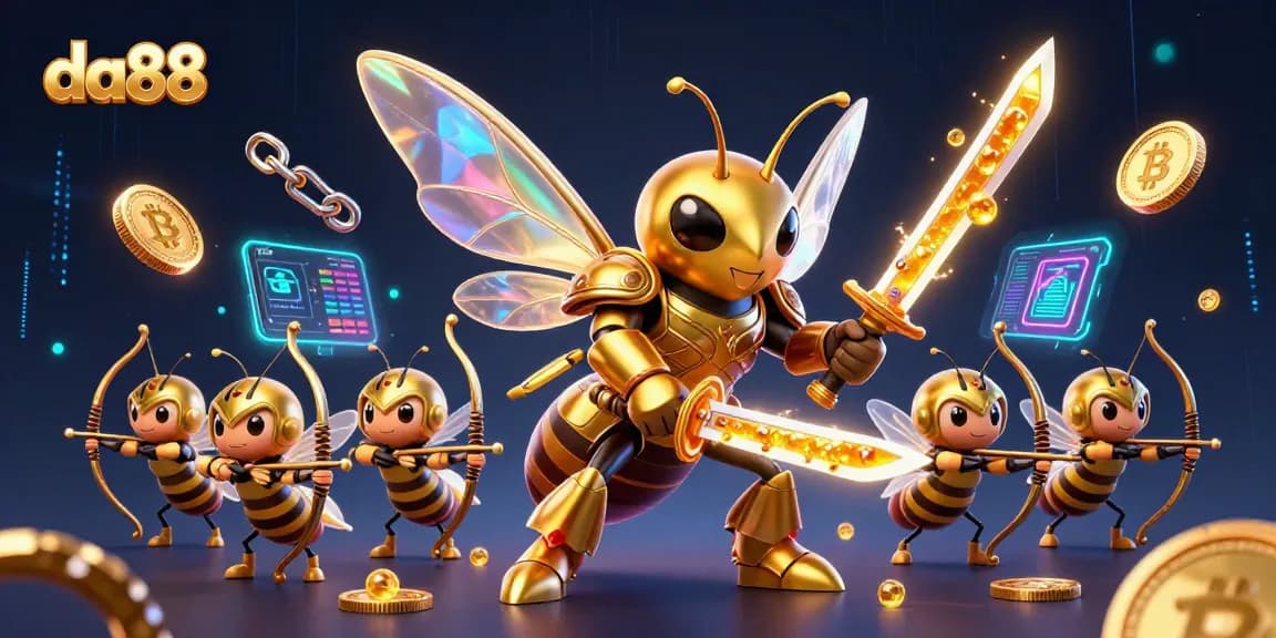 Experience winning with da88 in this vibrant 3D illustration packed with crypto and casino elements.