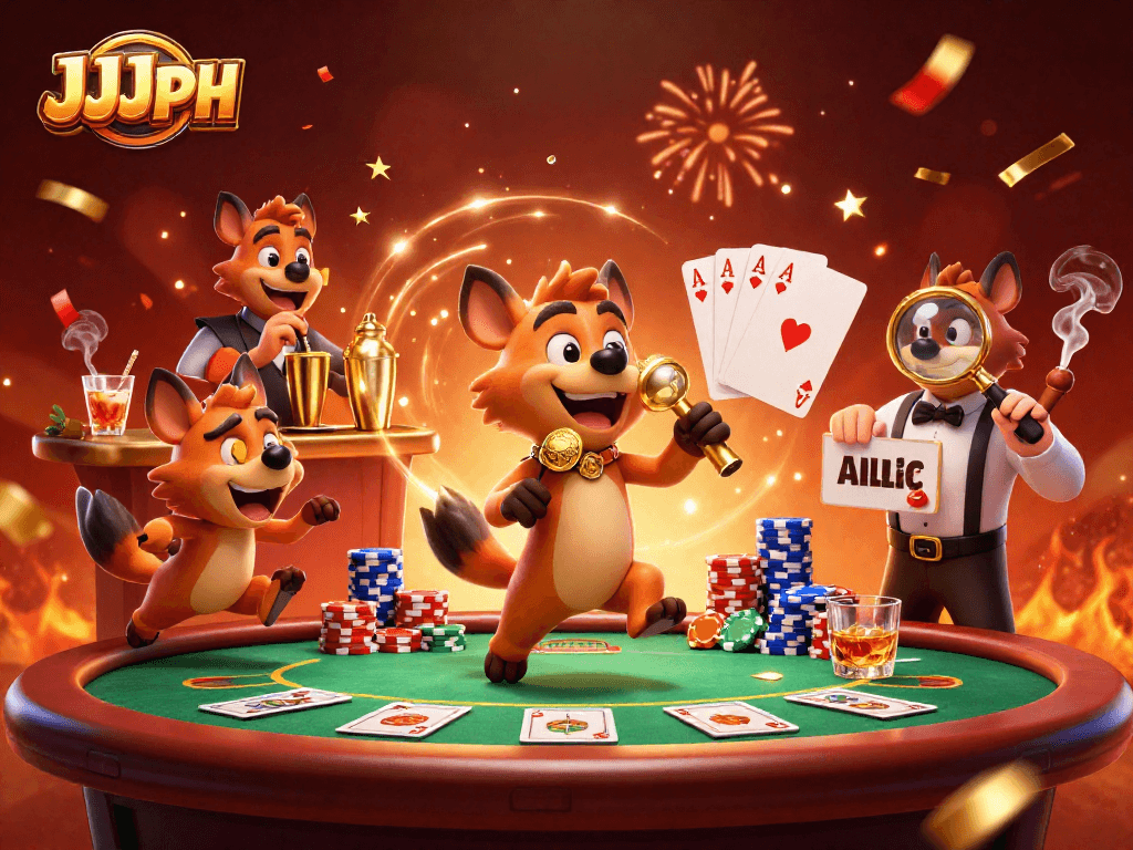 Engage with JJJPH at a lively comedy casino club featuring hyenas and vibrant poker elements.