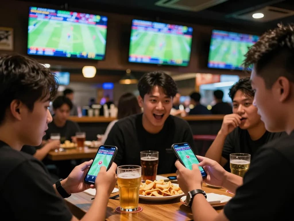 Patron placing a bet on keobongda using smartphone in a lively sports bar environment.
