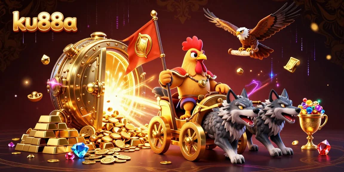 Experience thrilling gameplay at ku88a with a dynamic illustration featuring a rooster warlord and gold treasures.