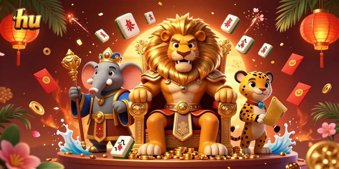 Experience thrilling gaming at hu with the majestic lion king, surrounded by gambling treasures and vibrant elements.