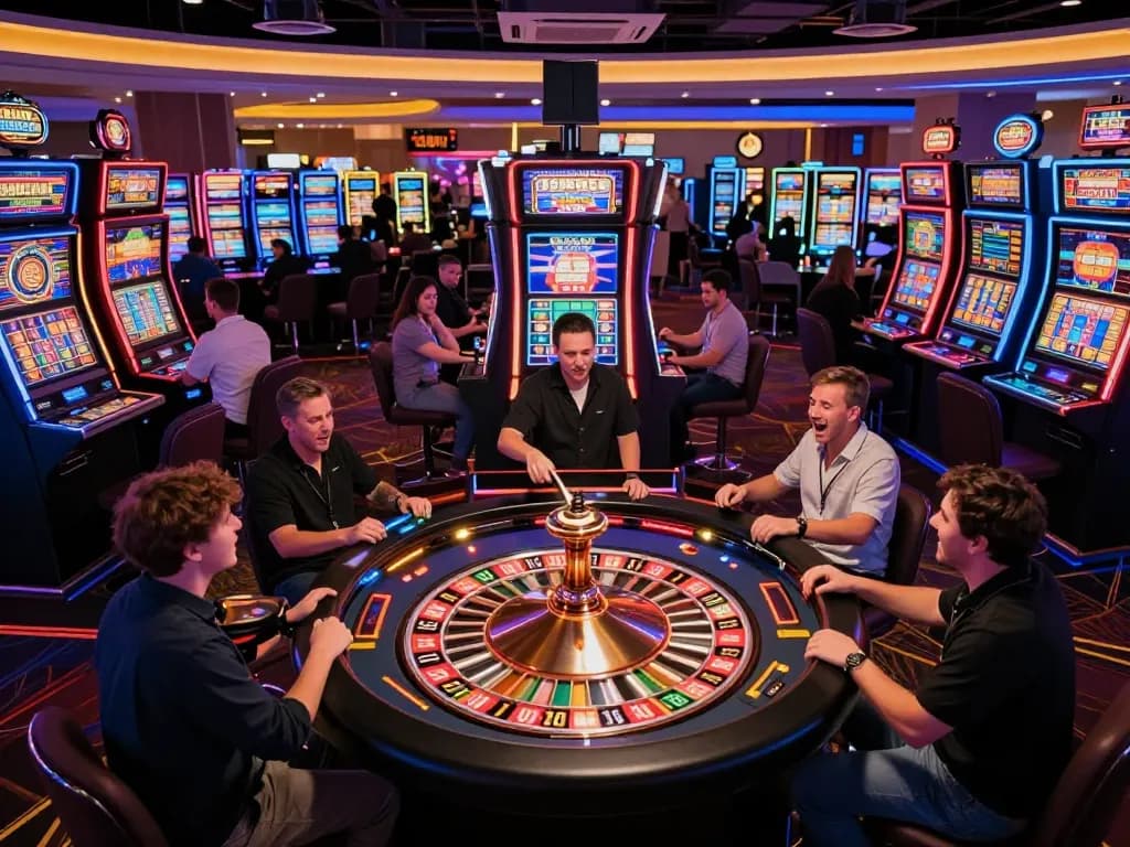 Playing rokok 88 at a lively casino slot machine area with vibrant displays and enthusiastic players.