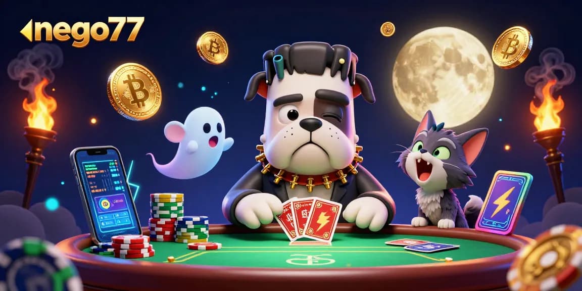 Engage in thrilling card play at nego77, featuring a whimsical poker scene with unique 3D characters.