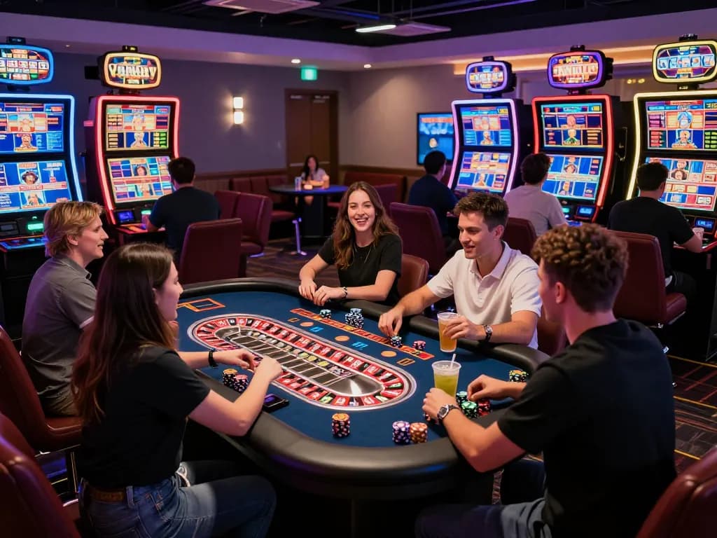Exciting online gambling experience at https://rr88c.mobi/ with players at live dealer tables and colorful slot machines.