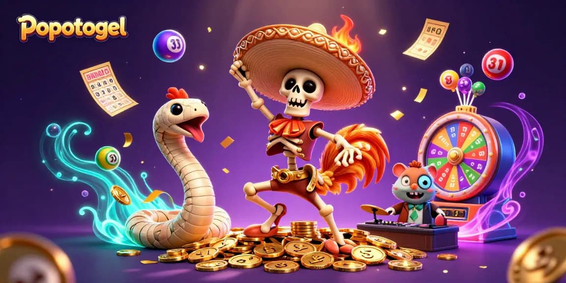 Engage in the excitement of popotogel with a vibrant scene of winning characters celebrating amidst colorful gaming elements.