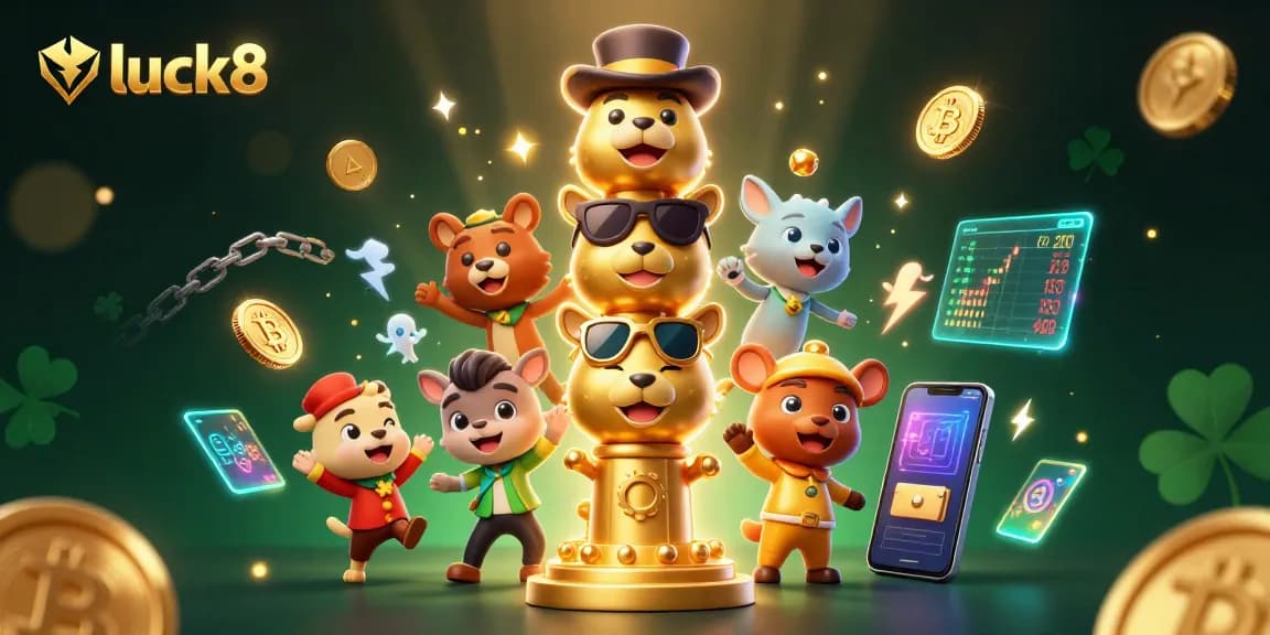 Engage with luck8's thrilling casino experience featuring a vibrant 3D totem and cryptocurrency elements.