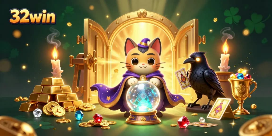 Experience winning with 32win as a mystical cat reveals fortunes amidst glimmering treasures.