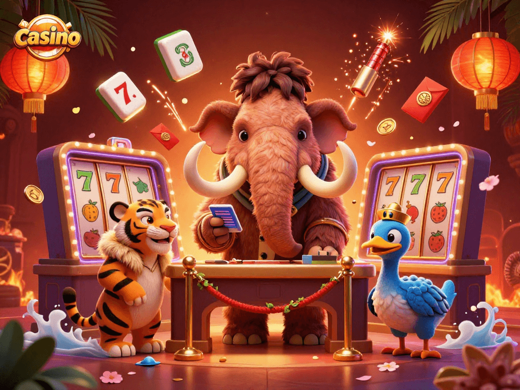 Experience the vibrant casino scene featuring a cartoon mammoth bouncer, saber-tooth guest, and dodo doorman.