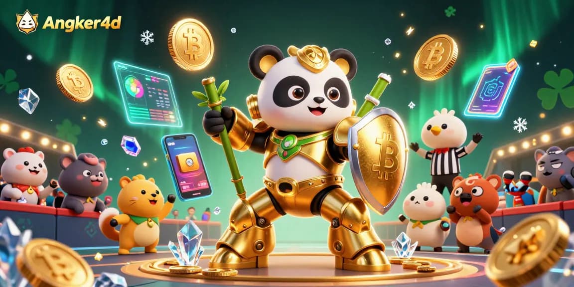 Mainkan Angker4d dengan karakter panda emas dan robot dalam arena kasino digital yang dinamis.