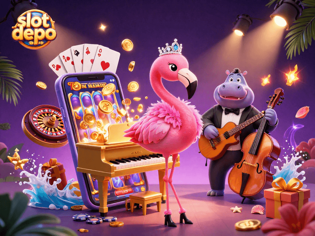 Join the excitement with slot depo 10rb as flamingo singer dazzles at a casino scene.