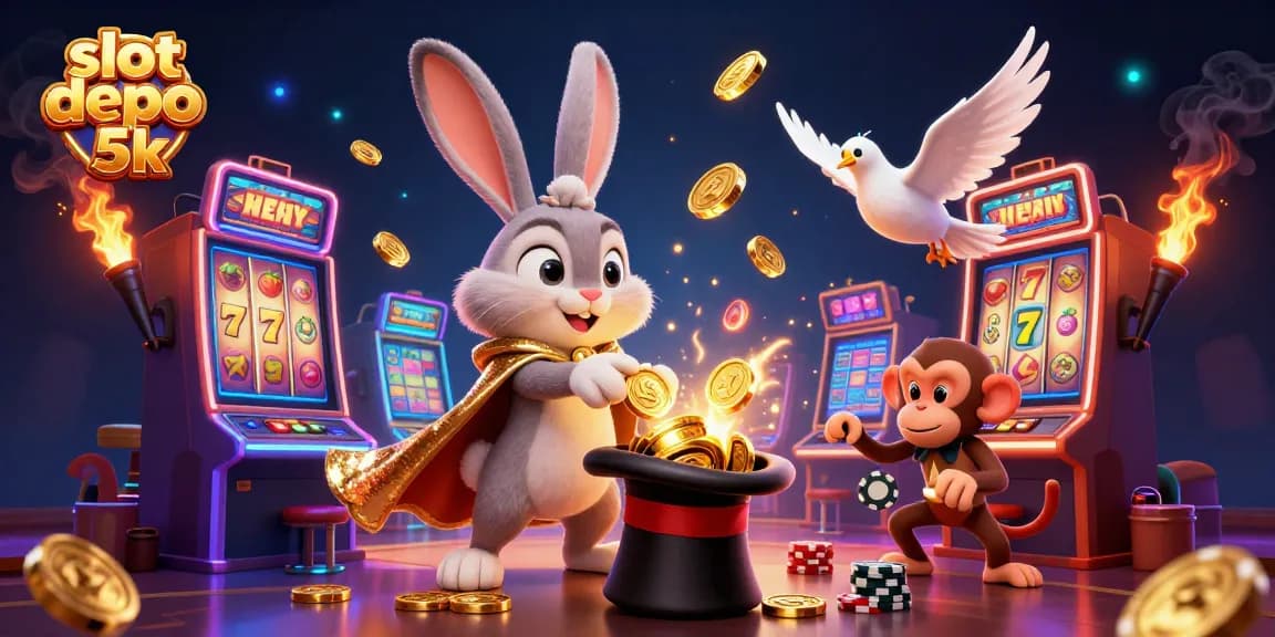 Experience the thrilling world of slot depo 5k with a magical rabbit, coins, and vivid slot machines.