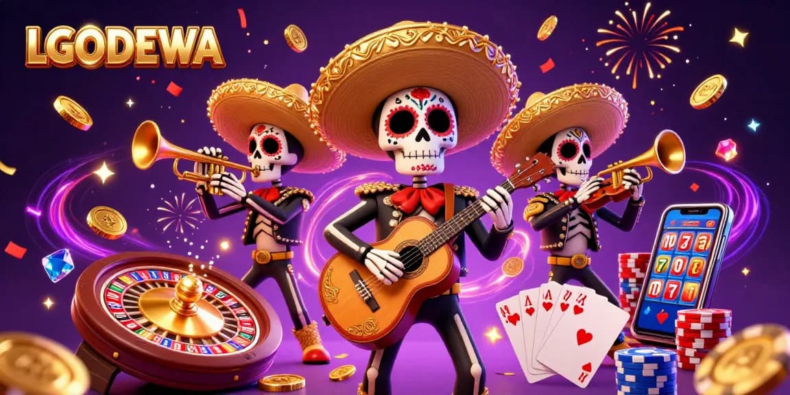 Engage with LGODEWA through a vibrant casino scene featuring skeleton mariachi band members against a backdrop of rich gaming elements.
