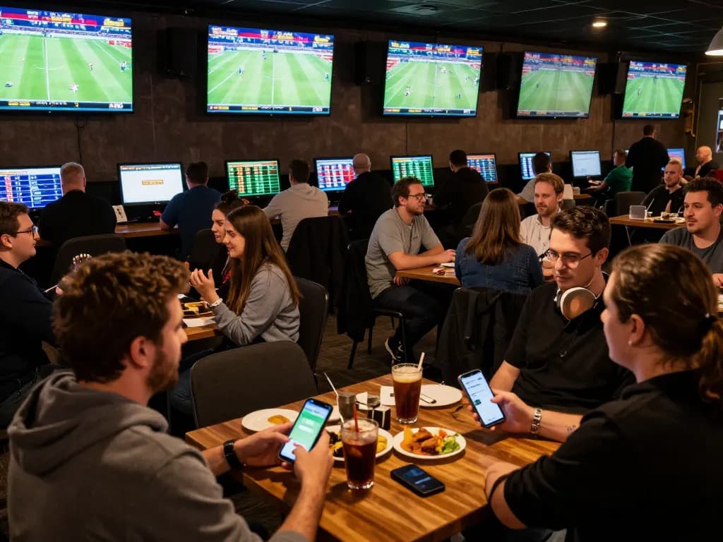 Kèo nhà cái scene showing bettors engaged in sports betting, analyzing odds and placing wagers in an exciting venue.