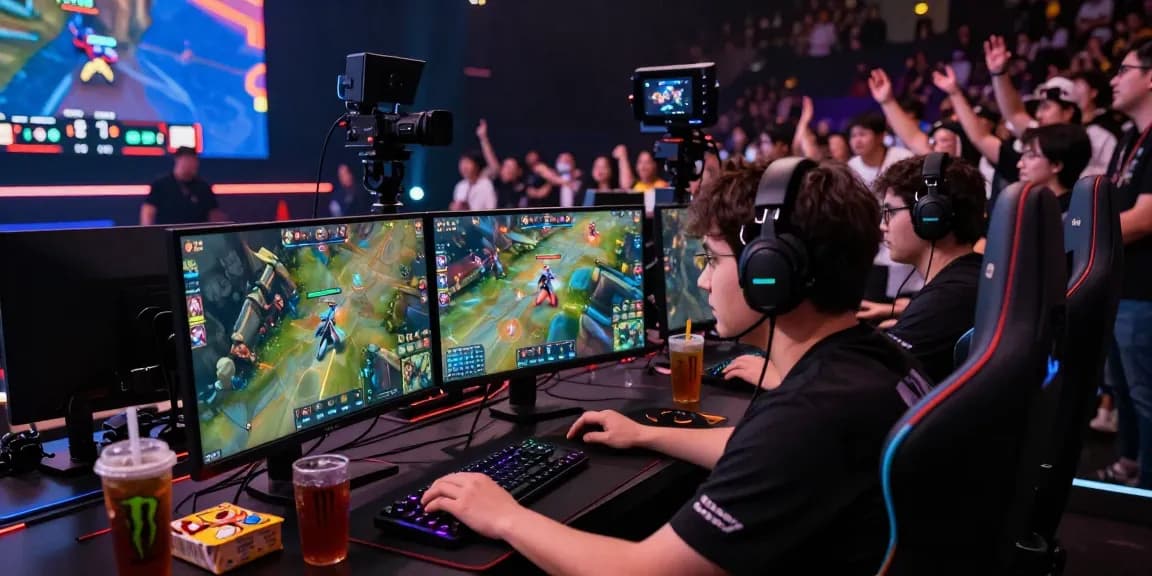 Overwatch 2 Cheat in an esports arena with gamers focused on dual monitors, vibrant atmosphere.