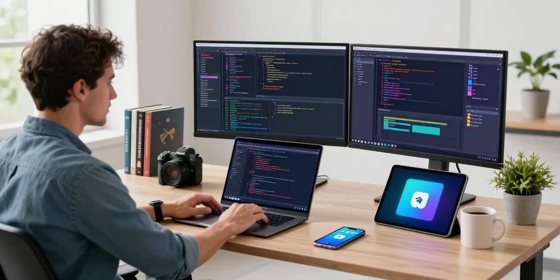 Modern tech workspace featuring a developer coding for the Telegram下载 app, showcasing an innovative and focused atmosphere.