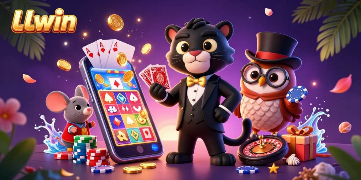 Experience the excitement at LLwin with a stylish panther dealing cards and vibrant slots in a dynamic casino scene.