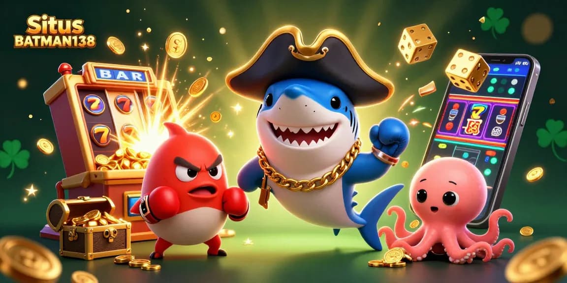 Situs BATMAN138 showcases a vibrant casino scene with cartoon characters celebrating a big win.