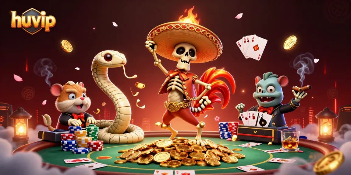 Experience vibrant casino action with huvip's colorful characters dancing over poker chips and gold coins.