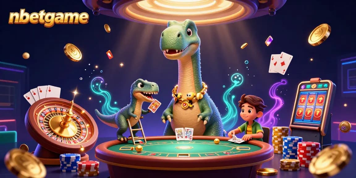 Experience thrilling gameplay with nbetgame as a giant brontosaurus oversees a poker match in a vibrant casino