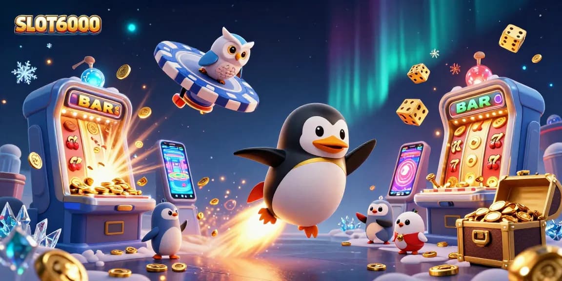Experience the thrill of SLOT6000 with a golden penguin and jackpot explosions in this vibrant casino illustration.