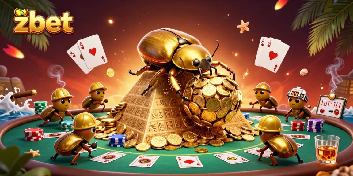 Engage with zbet's vibrant gaming scene featuring dynamic casino elements and animated beetles.