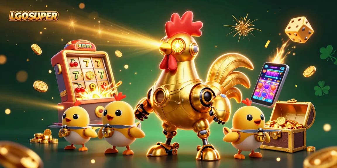 Engage with LGOSUPER's thrilling slot games featuring a golden robot and baby chick drones.
