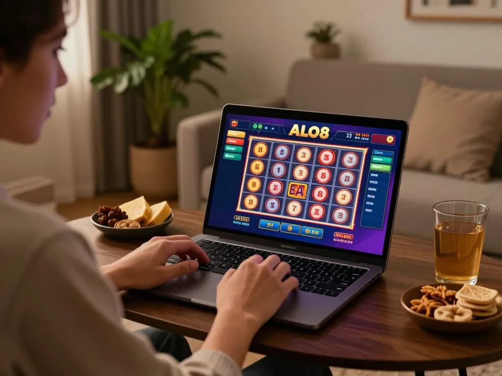 Person engaging with ALO8 online casino on a laptop, depicting a strategic gameplay atmosphere.
