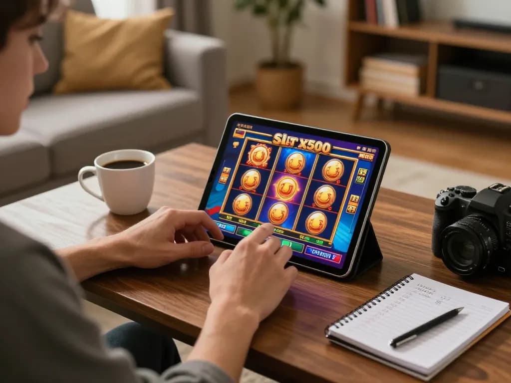 Engaging in Slot x500 gaming during a cozy home evening with a tablet.