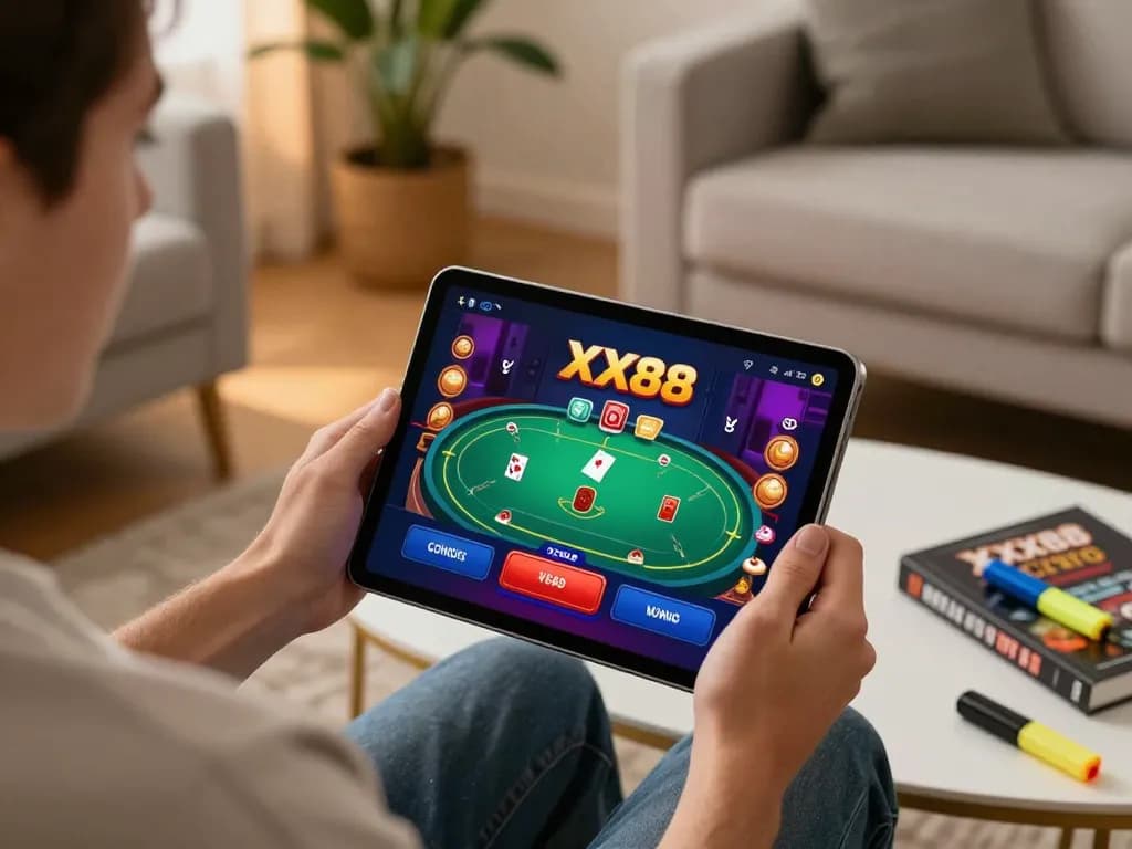 Experience immersive gameplay with the XX88 app on a tablet in a cozy living room.