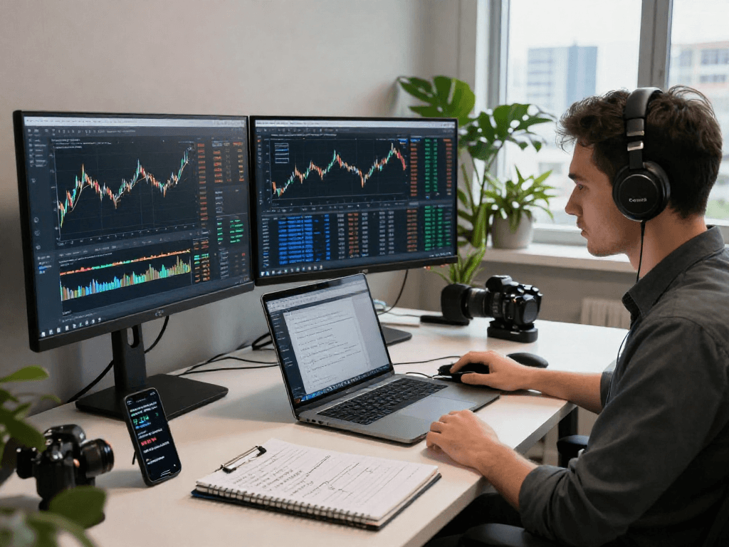 Trader usando Immediate Edge en un entorno moderno, con múltiples pantallas mostrando gráficos de criptomonedas.