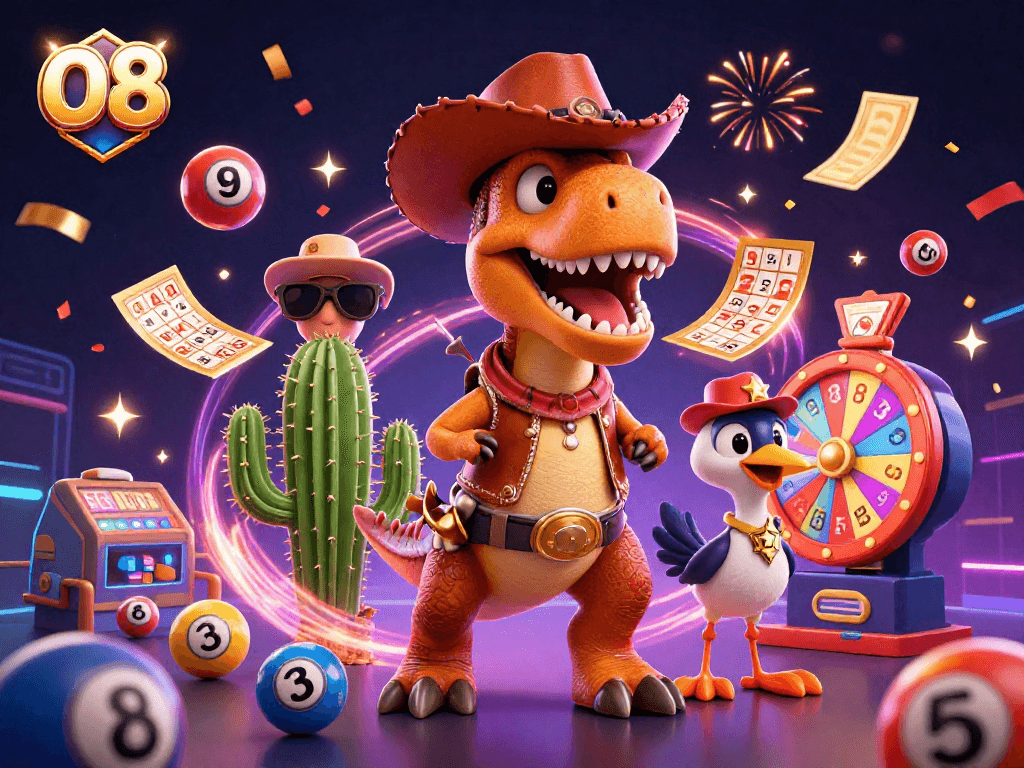 Win big with O8 in this vibrant 3D casino scene featuring a dinosaur and exciting game elements.