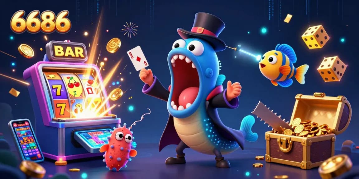 Engage with 6686 as a magical eel performs tricks, surrounded by bursting casino elements.