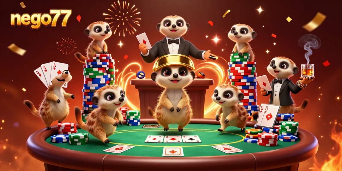 Nego77 meerkat casino scene with thrilling poker action and vibrant atmosphere