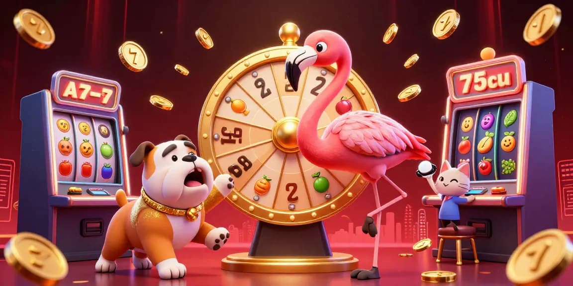 Win big with motphimchill as the flamingo host spins the prize wheel in this colorful casino scene.