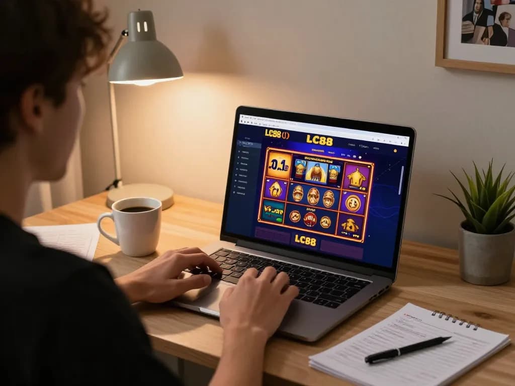Engaging player exploring LC88 online casino interface while enjoying a cozy gaming session.