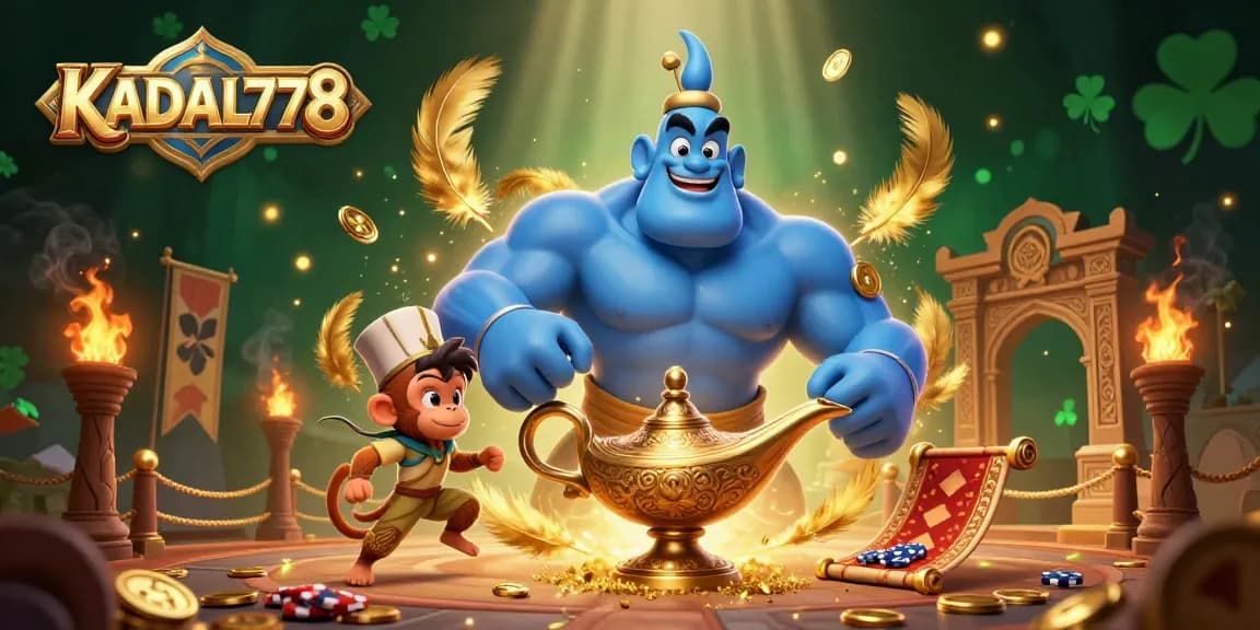 KADAL778 engages players with a vibrant scene of a genie, monkey, and magic carpet capturing the excitement of casino gaming.