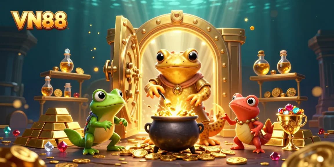 Engage with thrilling gaming moments at VN88 featuring a golden salamander alchemist amidst riches and vibrant casino elements.