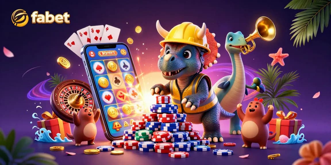 Experience thrilling wins with fabet's vibrant casino scene featuring poker chips and celebratory characters.
