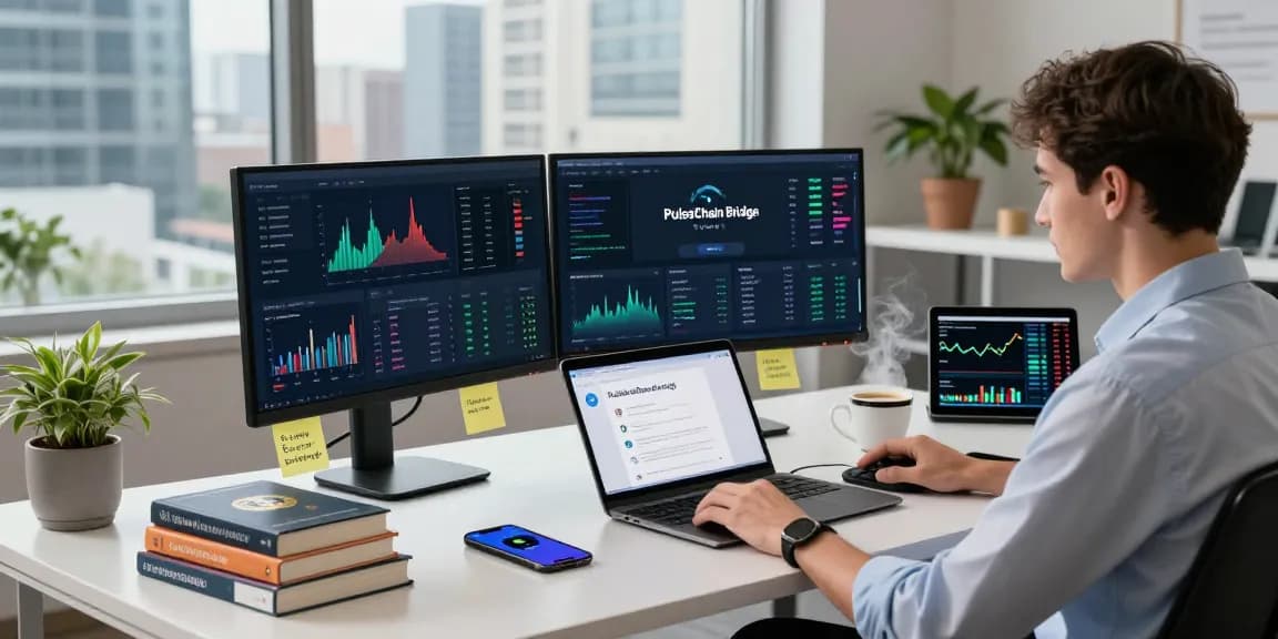 Experience the PulseChain Bridge with a sleek digital finance workspace showcasing innovative crypto transactions and real-time data.