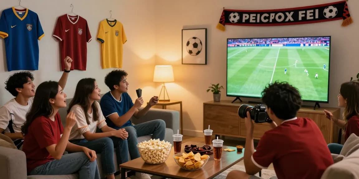 أصدقاء يشاهدون مباراة كورة لايف tv في غرفة معيشة دافئة، مع أجواء حماسية.